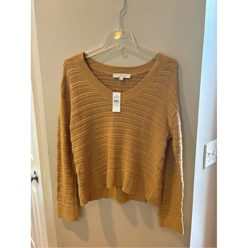 NEW LOFT Women's Mustard Yellow V-Neck Textured Knit Sweater $70 size XXS